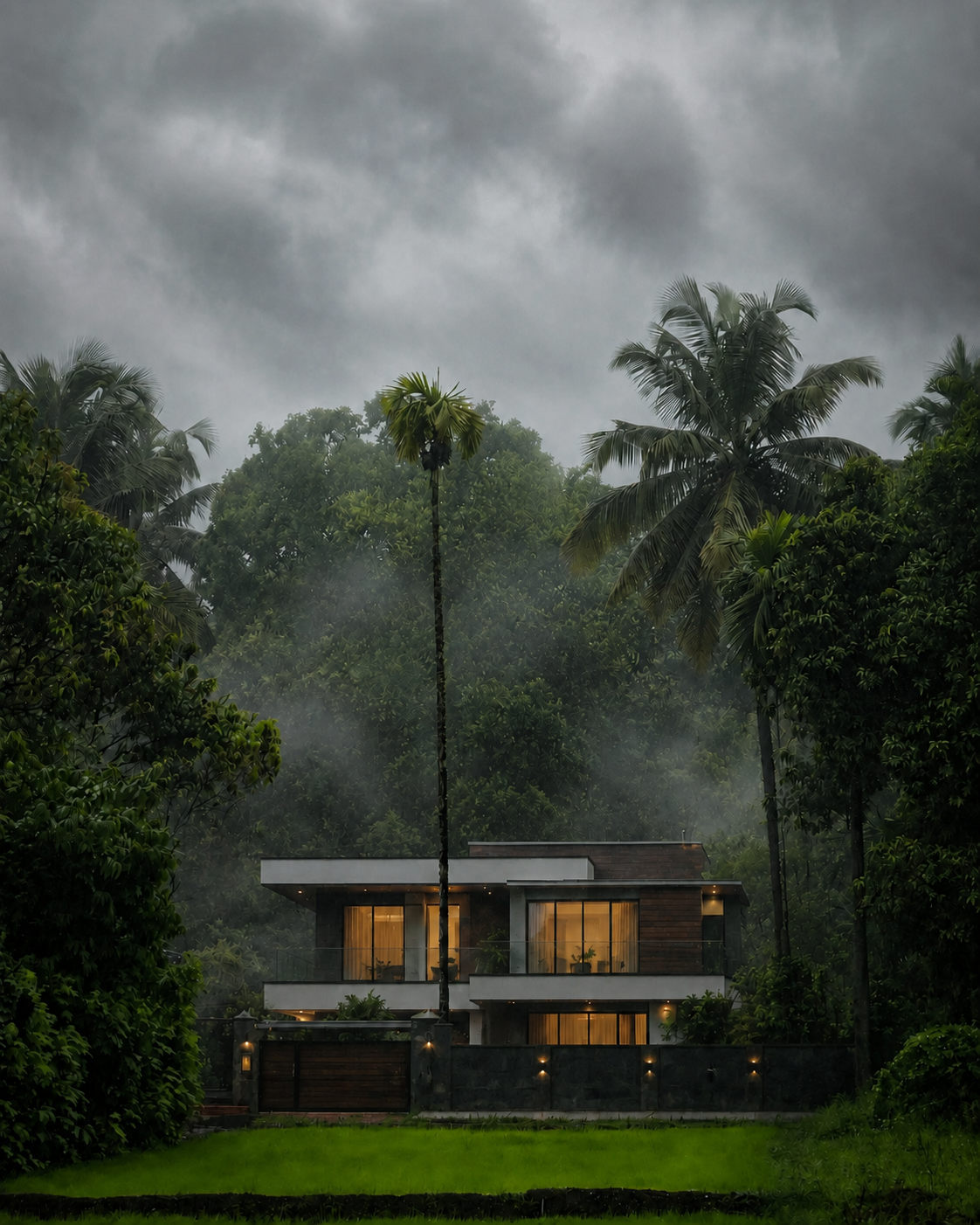 A modern Konkan home nestled among coconut palms, with a rice paddy in the foreground