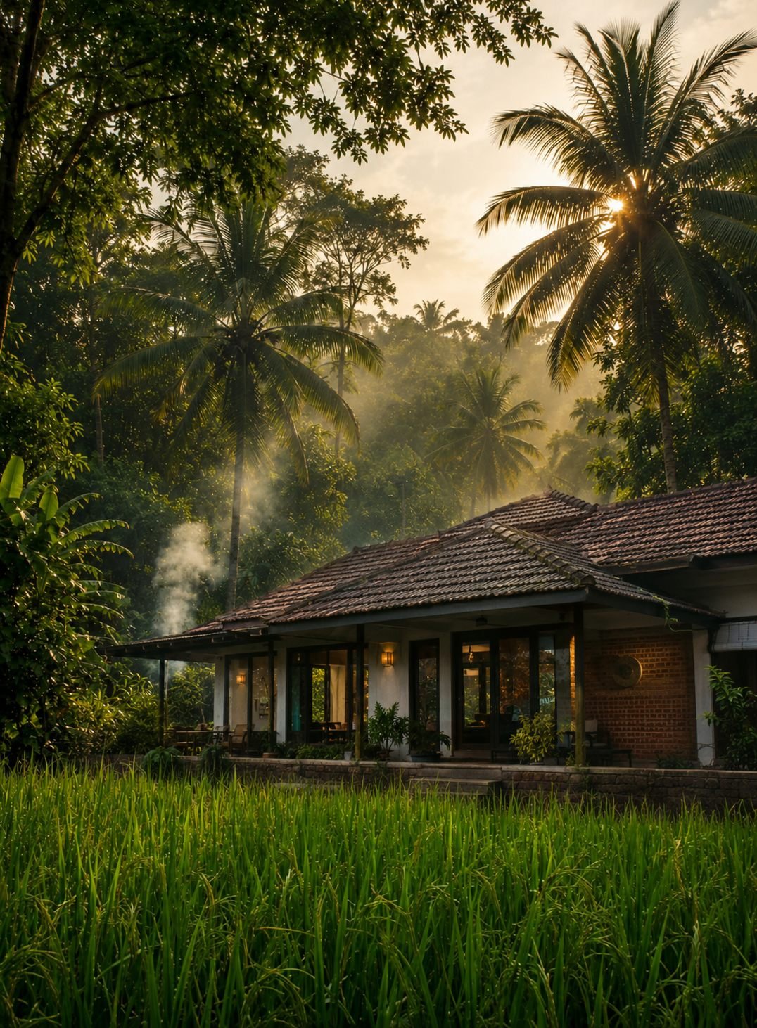A tiled-roof Konkan home behind a lush rice paddy, backlit by golden evening light with smoke rising gently
