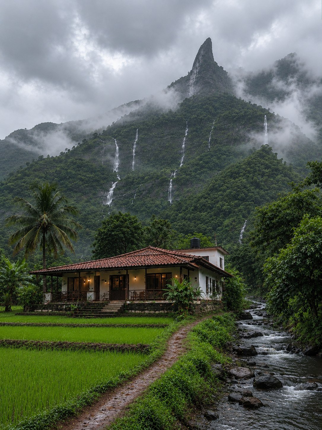 A traditional Konkan house beside a rice paddy and stream, with monsoon waterfalls cascading down a misty mountain peak behind it