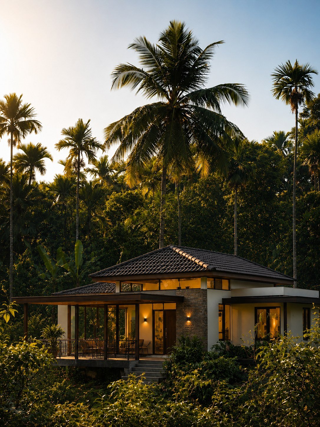 A modern tiled-roof Konkan villa nestled among tall coconut and areca palms, glowing warmly at dusk