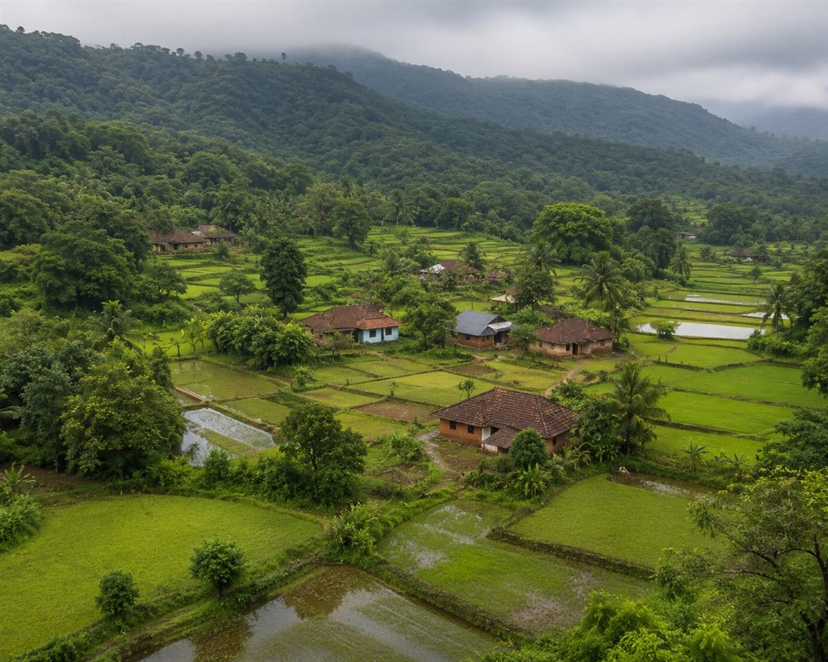 Aerial view of a traditional Konkan village surrounded by lush green rice paddies and forested hills