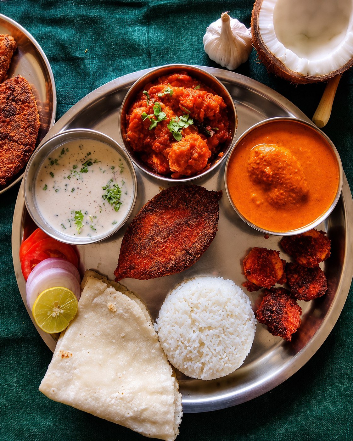 Traditional Konkani thali with fried fish, fish curry, rice, bhakri, chutney, and fresh coconut
